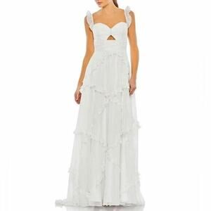 NWT MAC DUGGAL 68093 RUFFLE TIERED SLEEVELESS FLOWY A LINE‎ GOWN WHITE